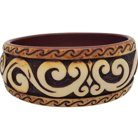Tribal Swirl Bangle Bracelet Faux Wood Resin Cuff Boho Ethnic Brown Tan Acrylic - Picture 1 of 8